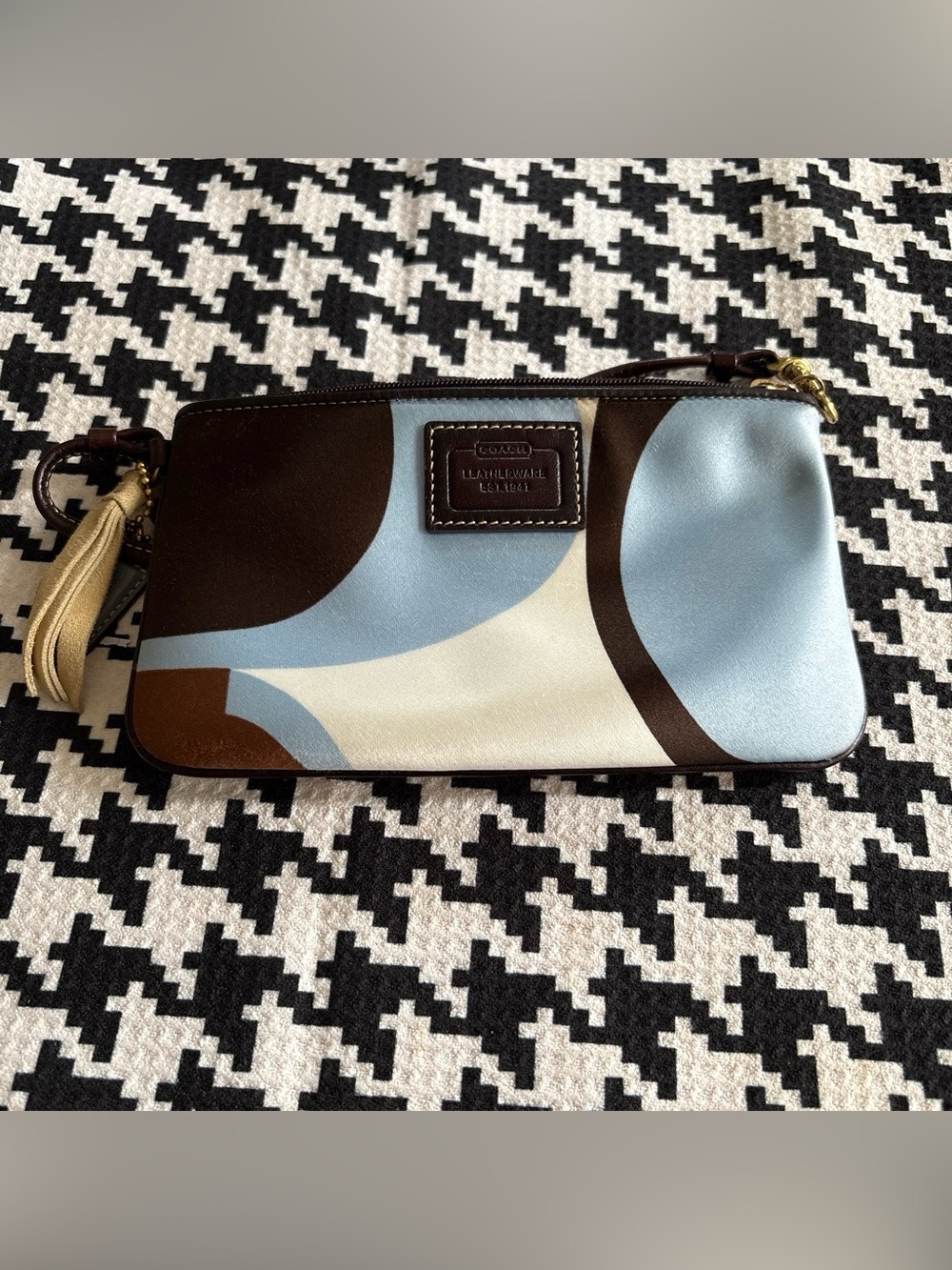 Coach Floral Curve Wristlet in Light Blue, Brown & Cream
